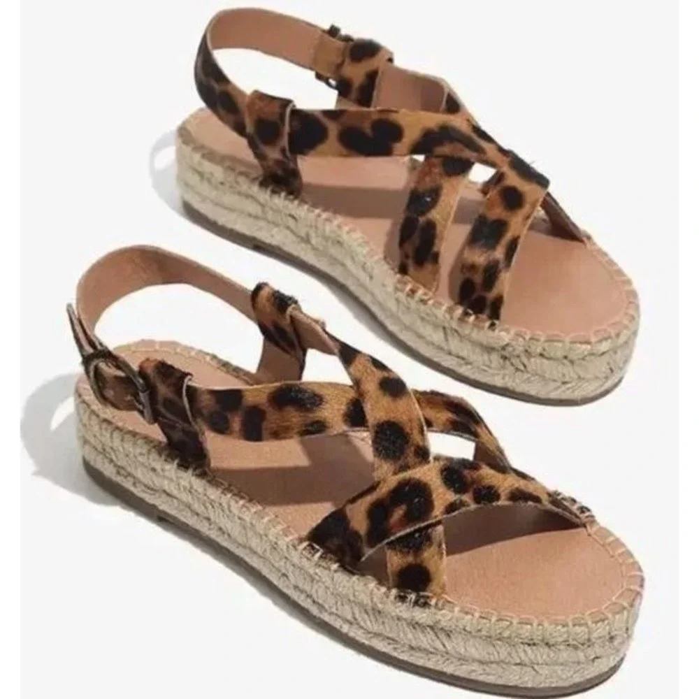 Madewell The Boardwalk Espadrille Sandals Womens Size 8.5 Leopard Calf Hair‎ Tan